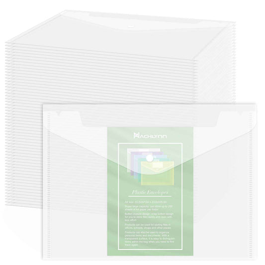 NACHLYNN 108 Pack Plastic Envelopes Poly Envelopes with Snap Closure A4 Size Clear Document File Folders Organizers Clear File for School Office Supplies