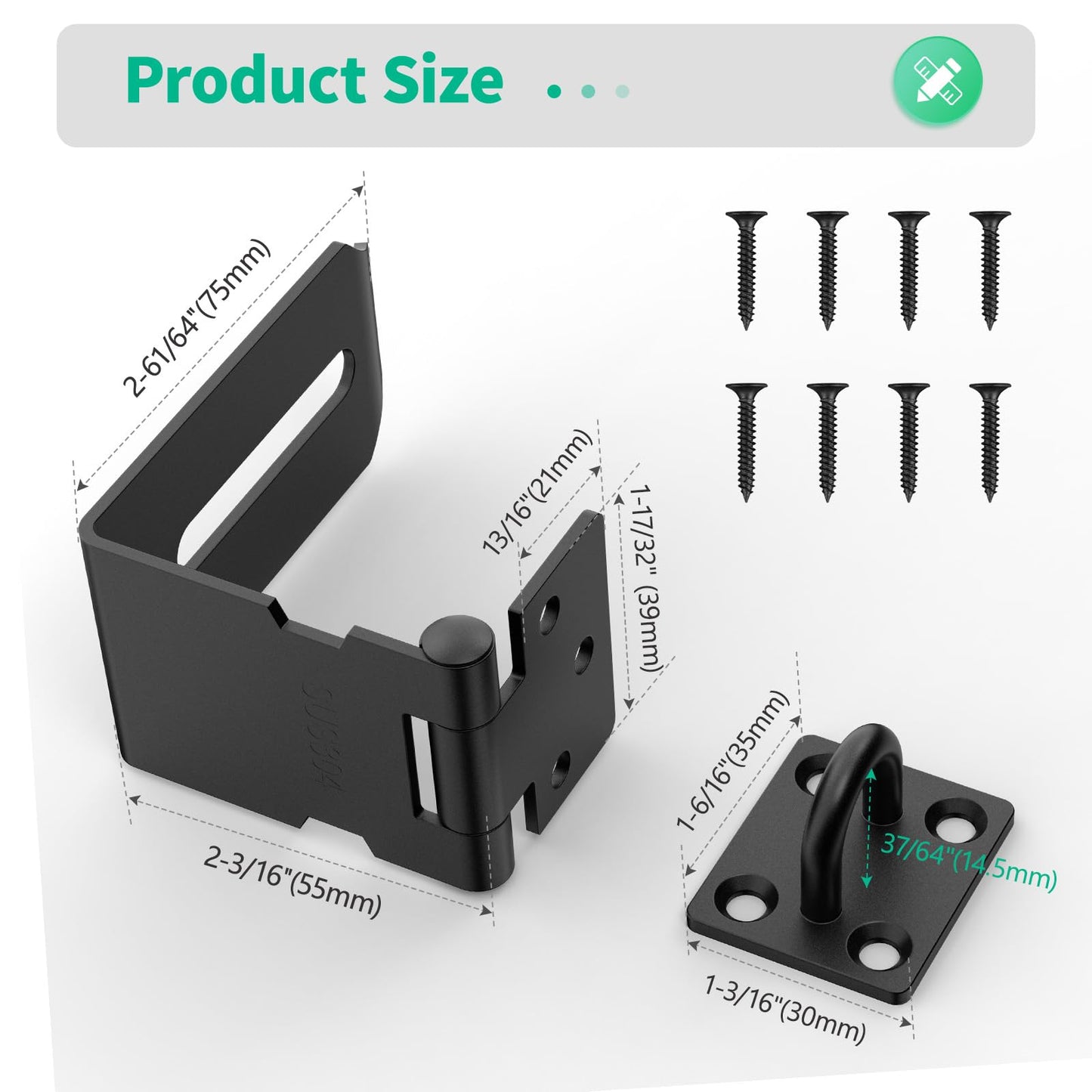 YogePote 90 Degree Hasp Latch, Heavy Duty 304 Stainless Steel Padlock Hasp Lock for Right Angle File Cabinet, Desk Drawer, Tool Box, Mailbox, Bookcase (Black-1pc)