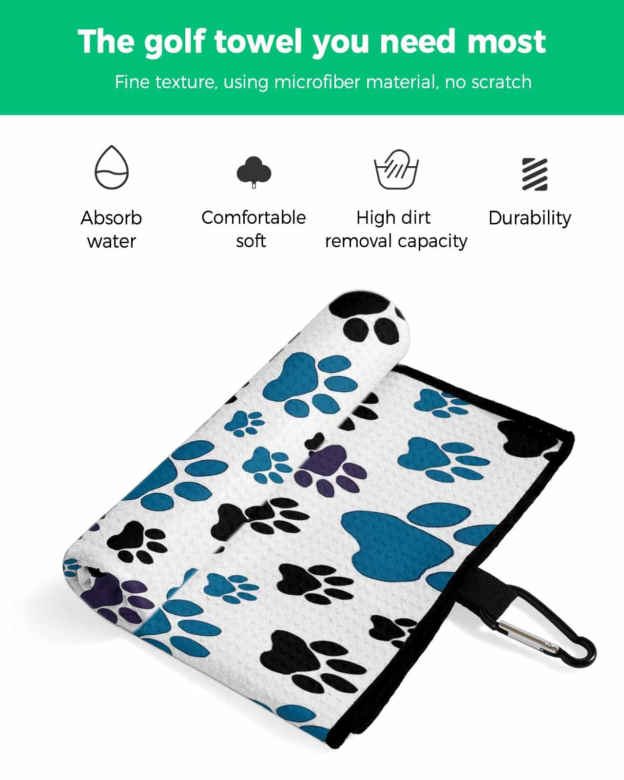 ARTSHOWING Dog Paw Print Golf Towel 24x16in, Absorbent Water Quick Dry Microfiber Golf Towel with Clip, Soft Sports Towel Golf Accessory for Men Women, Gift for Golf Fan, Blue Black Pet Footprint