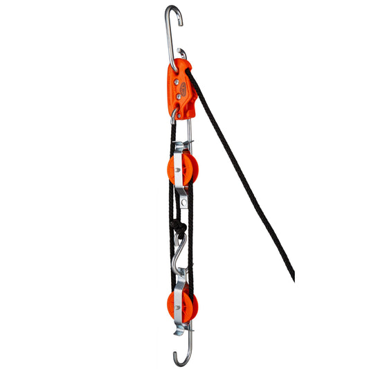 Tie Boss - Self Locking, Block and Tackle Pulley Hoist System with 35 ft of Polypropylene Solid Braided Rope. (Rated for 300lbs)