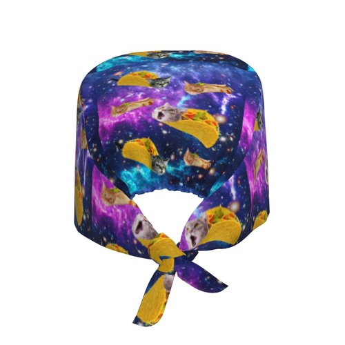 Blue Purple Galaxy Cat Taco Working Cap for Women Men, Scrub Cap with Sweatband Adjustable, Unisex Tie Back Hat, Nurse Surgical Caps