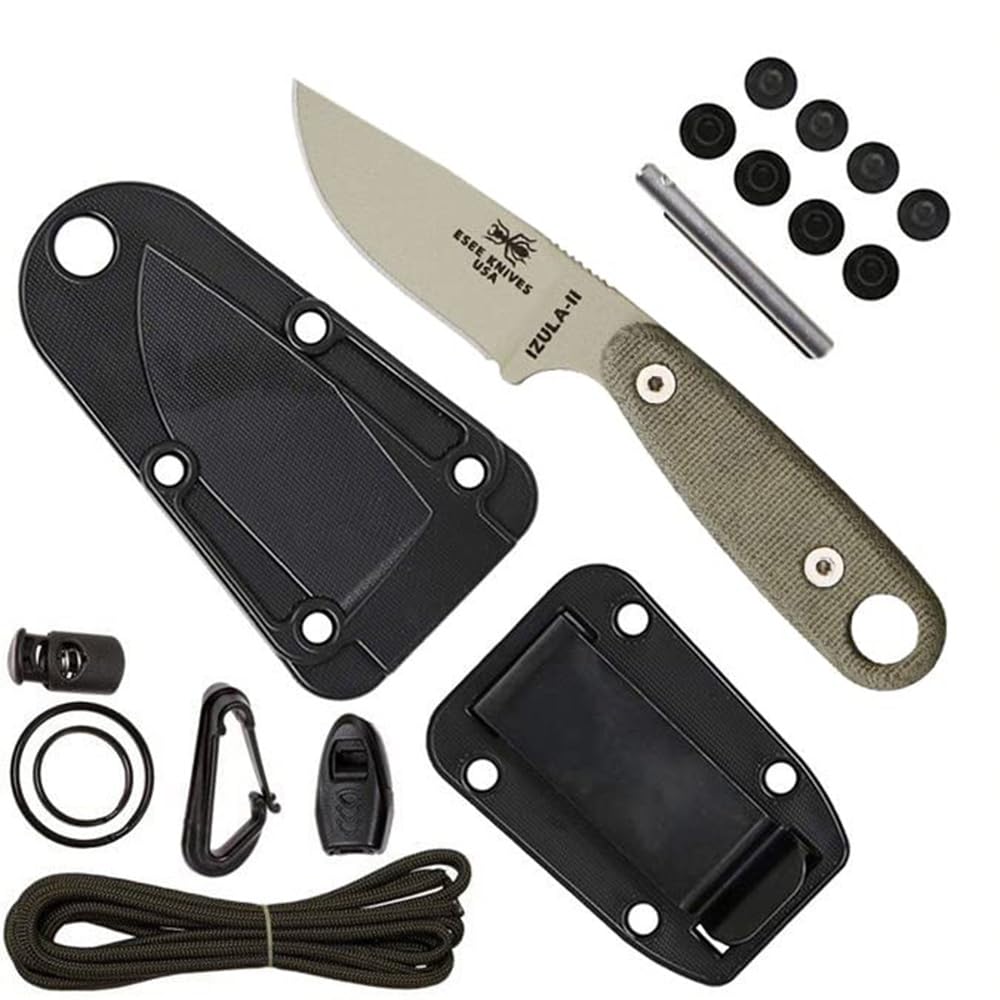 ESEE Izula-II Fixed Blade Knife, Survival Kit, Ambidextrous Sheath, Belt Clip, Made In USA (Desert Tan Blade/Black Sheath/Survival Kit)