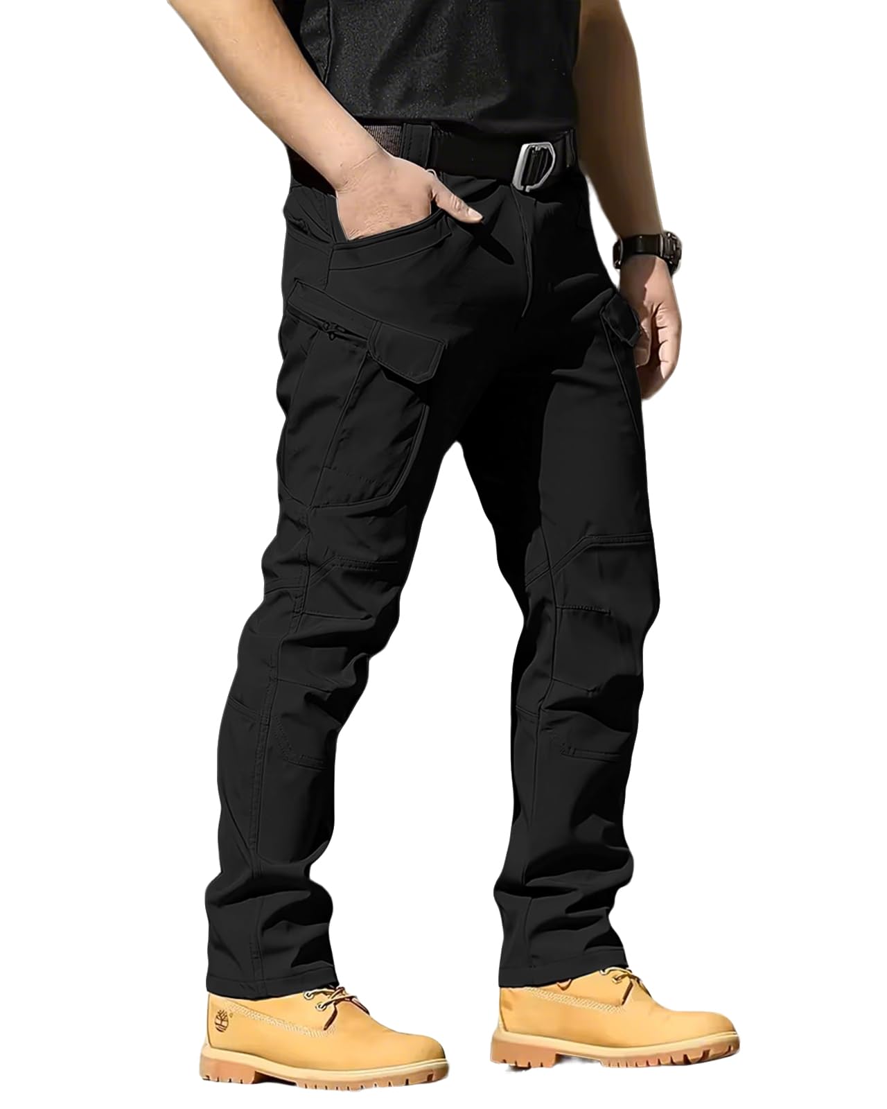 LRYXXX Men's Tactical Pants Stretch Waterproof Fabric Durable Cargo Pants for Hiking Casual Work Multi Pockets (No Belt),Black