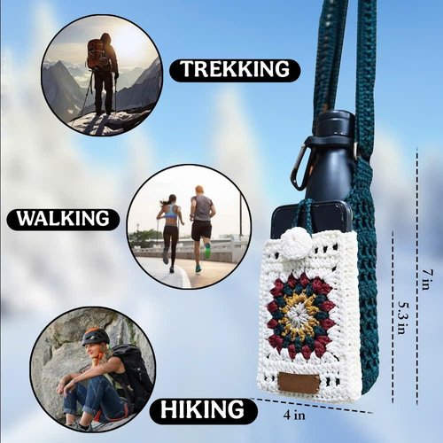 Macrame Water Bottle Holder – Adjustable Crossbody Carrier with Phone Pocket – Handmade Boho Water Bottle Bag for Walking, Hiking, Camping, Travel – Eco-Friendly Cotton with Long Strap