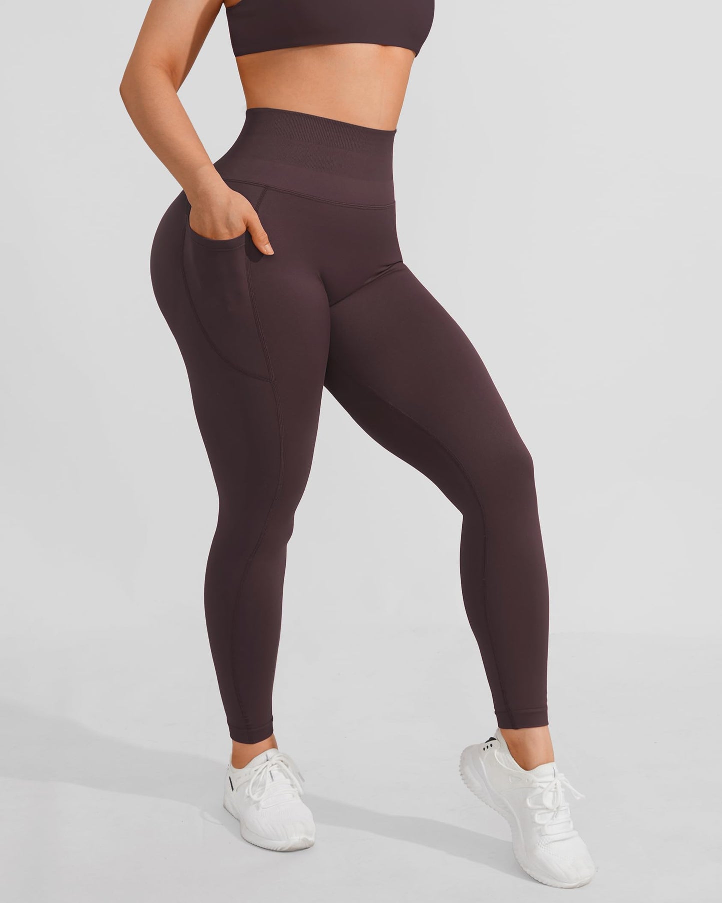 OMKAGI Women Scrunch Butt Lifting Leggings with Pockets Compression High Waisted Gym Workout Leggings(M,9-Coco Brown)