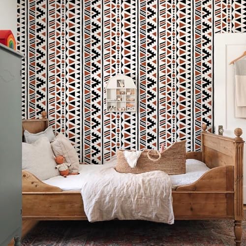 wishFIRE Black and Brown Geometric Boho Peel and Stick Wallpaper 17.3"¡¿120" Tribal Style Contact Paper Removable Waterproof Self-Adhesive Vinyl Film Wallpaper for Bedroom Kitchen