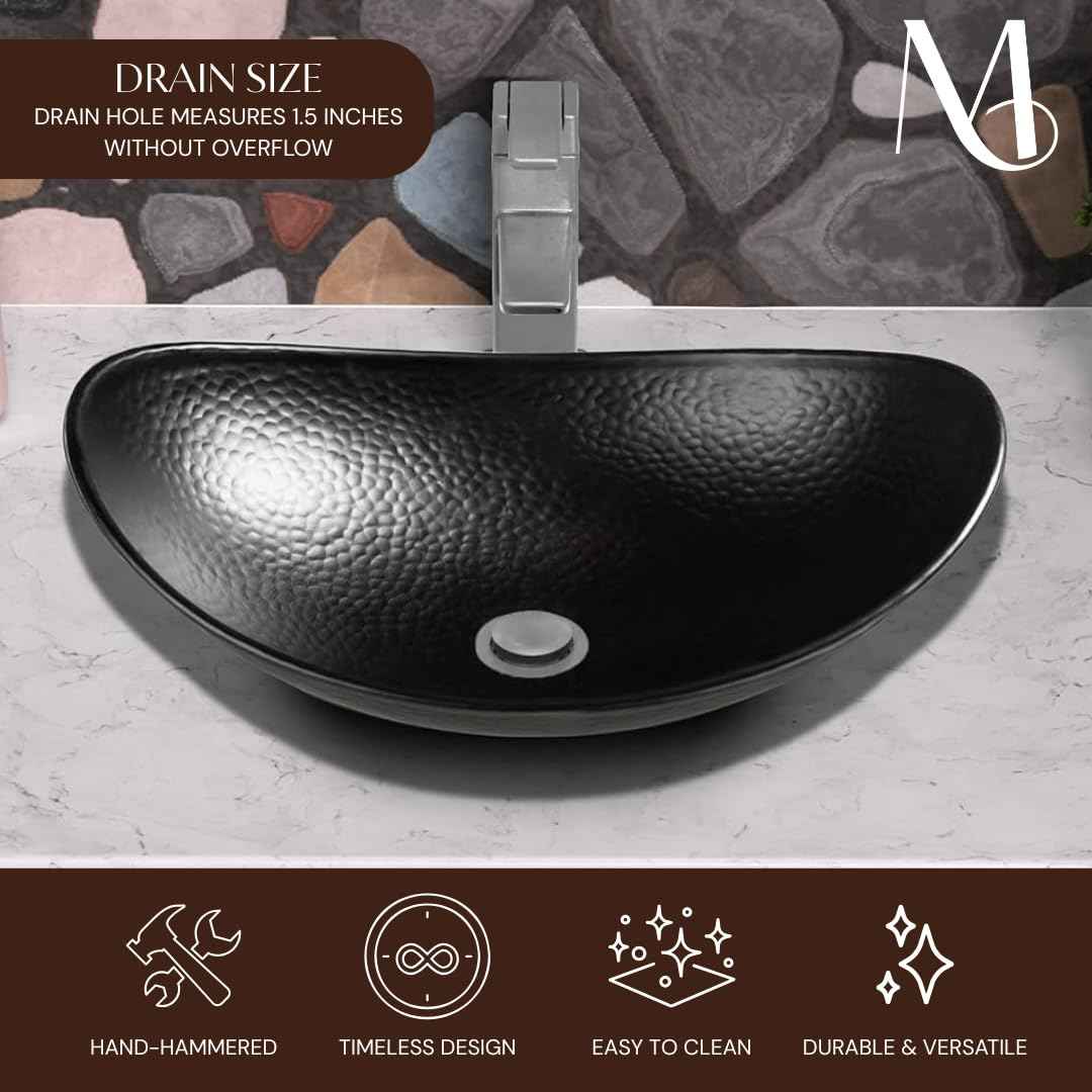 Monarch Abode 19-Inch Hand Hammered Matte Black Aluminum Harbor Vessel Bathroom Sink, Bathroom Vessel Sink, Above Counter Bathroom Sink Bowl for Vanity or Powder Room