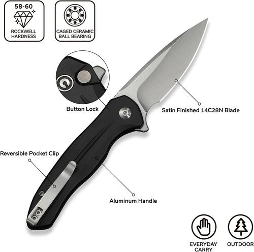 CIVIVI Kitefin EDC Pocket Knife, 3.22“ 14C28N Drop Point Blade Folding Knife, Aluminum Handle with Reversible Clip for Camping Hiking Hunting C24091-1, Black