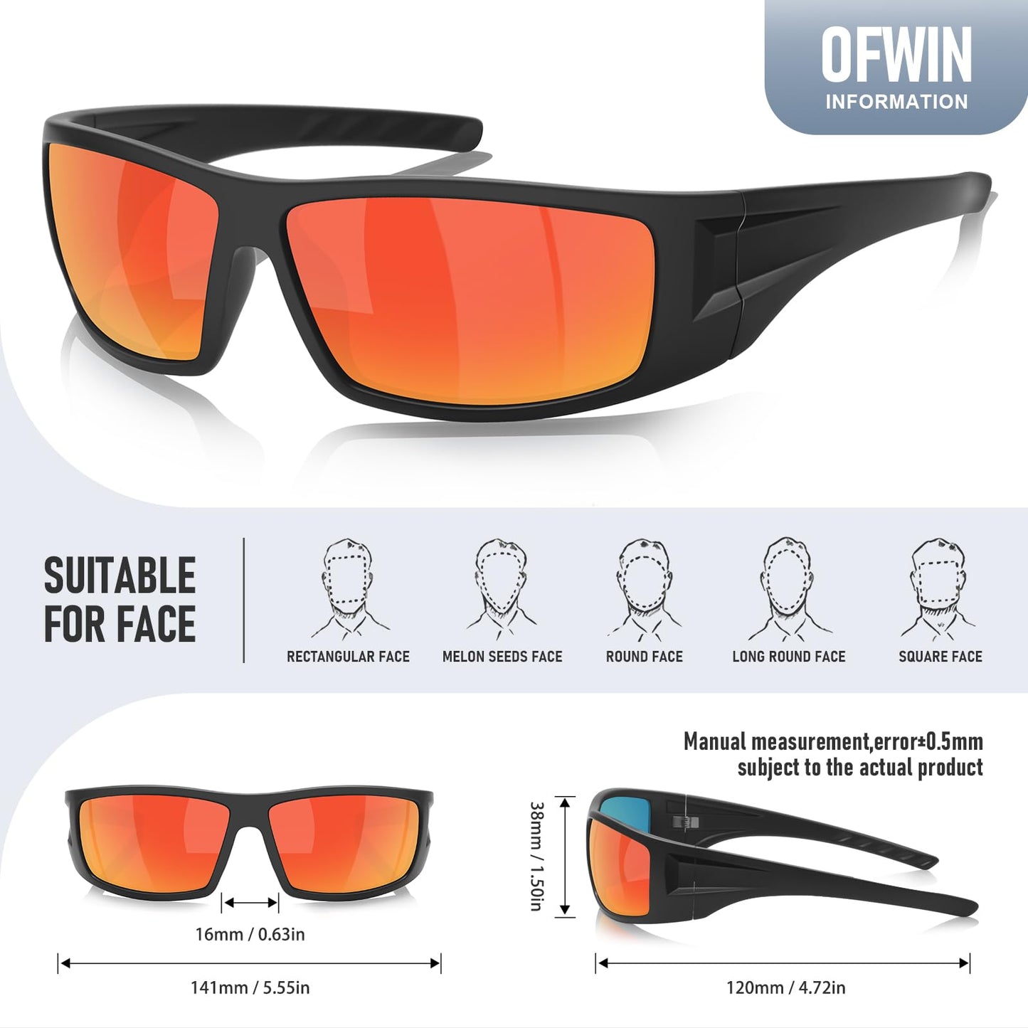 Ofwin Polarized Sports Sunglasses for Men Women Unbreakable Frame Cycling Fishing Wrap Around Sunglasses UV400 Protection Black Frame/Red Mirror Lens