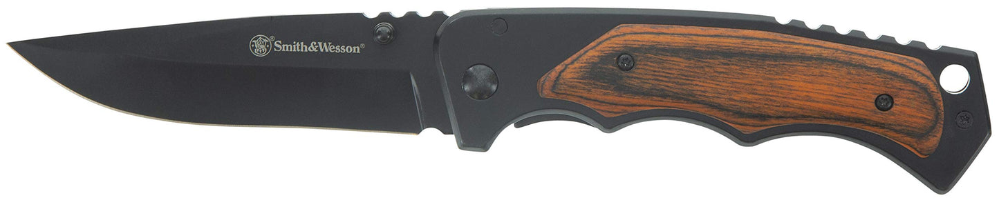 Smith & Wesson 8.5in S.S. Folding Knife with 3.7in Drop Point Blade and S.S. and Real Wood Insert Handle for Outdoor, Tactical, Survival and EDC