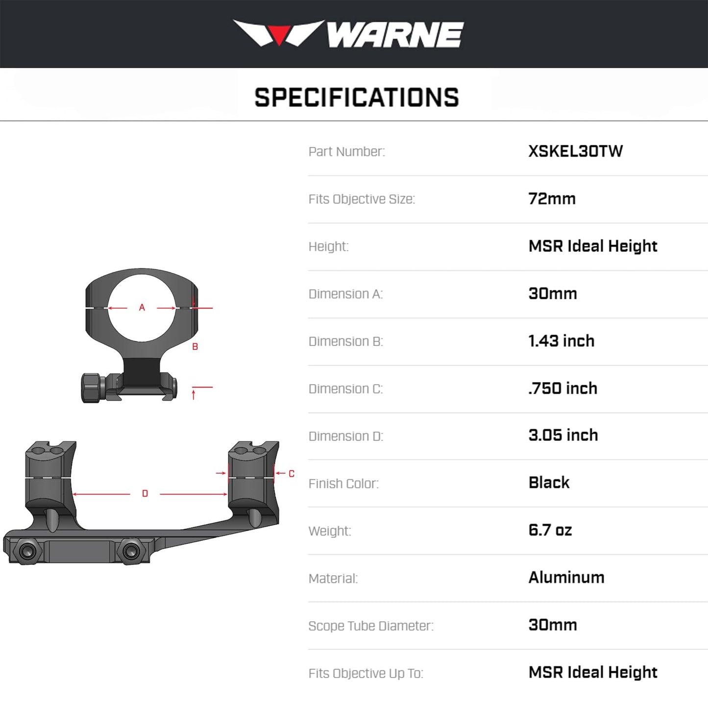 WARNE Gen 2 Extended Skeletonized 30mm MSR Optics Mount, Black (XSKEL30TW)