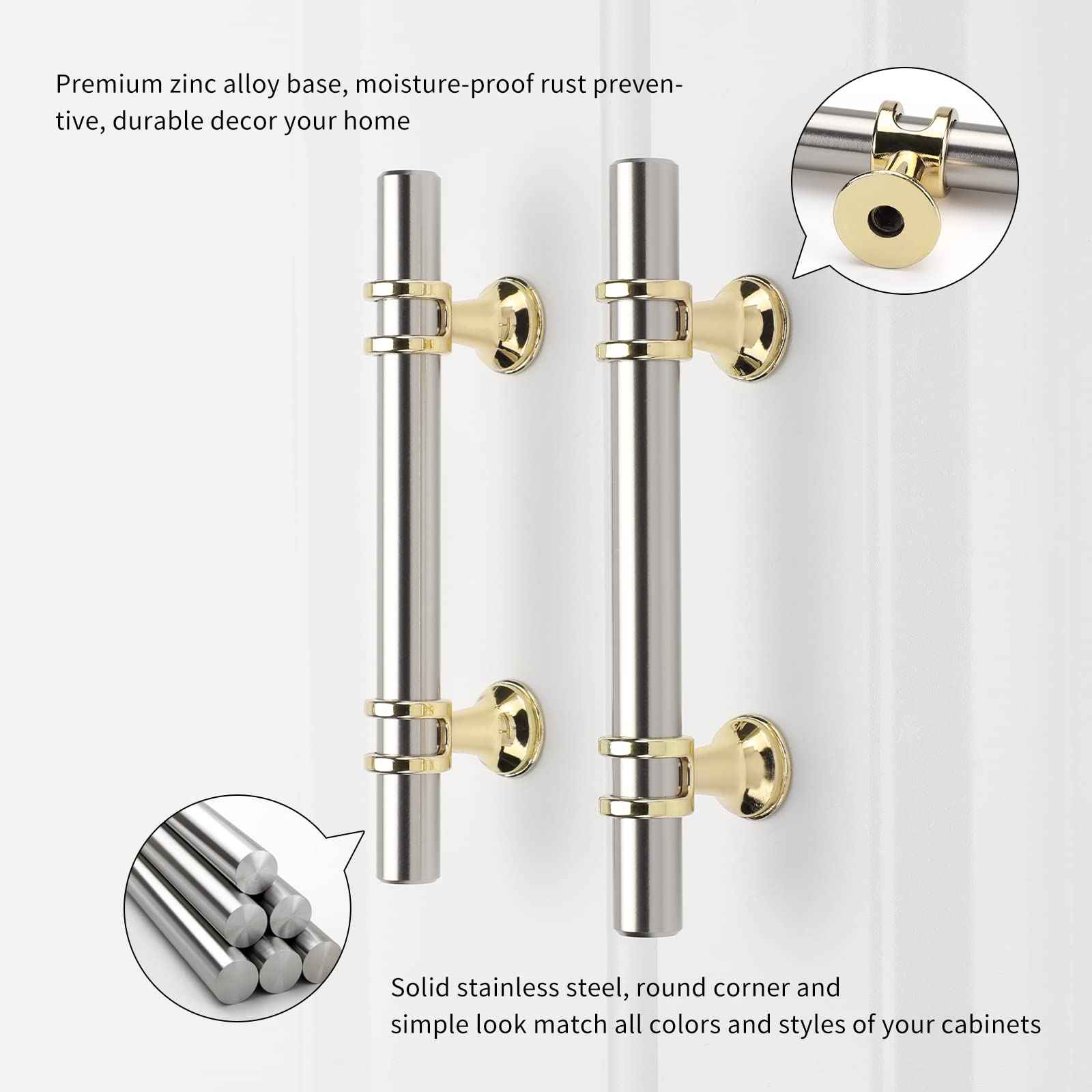 Rergy Cabinet Handles Drawer Pulls and Knobs, 5Pack Brushed Nickel and Gold 3inch Hole Center, Kitchen Hardware for Dresser Handle Zinc Alloy Furniture Pull