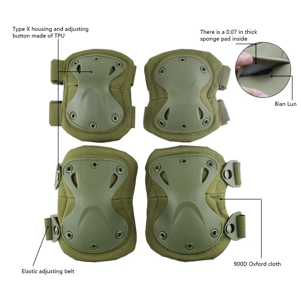 Tactical Combat Knee & Elbow Protective Pads Set for Outdoor CS Paintball Game Cycling Safety Skateboarding Gear Skates Knee Protection Guard Pads (Green)