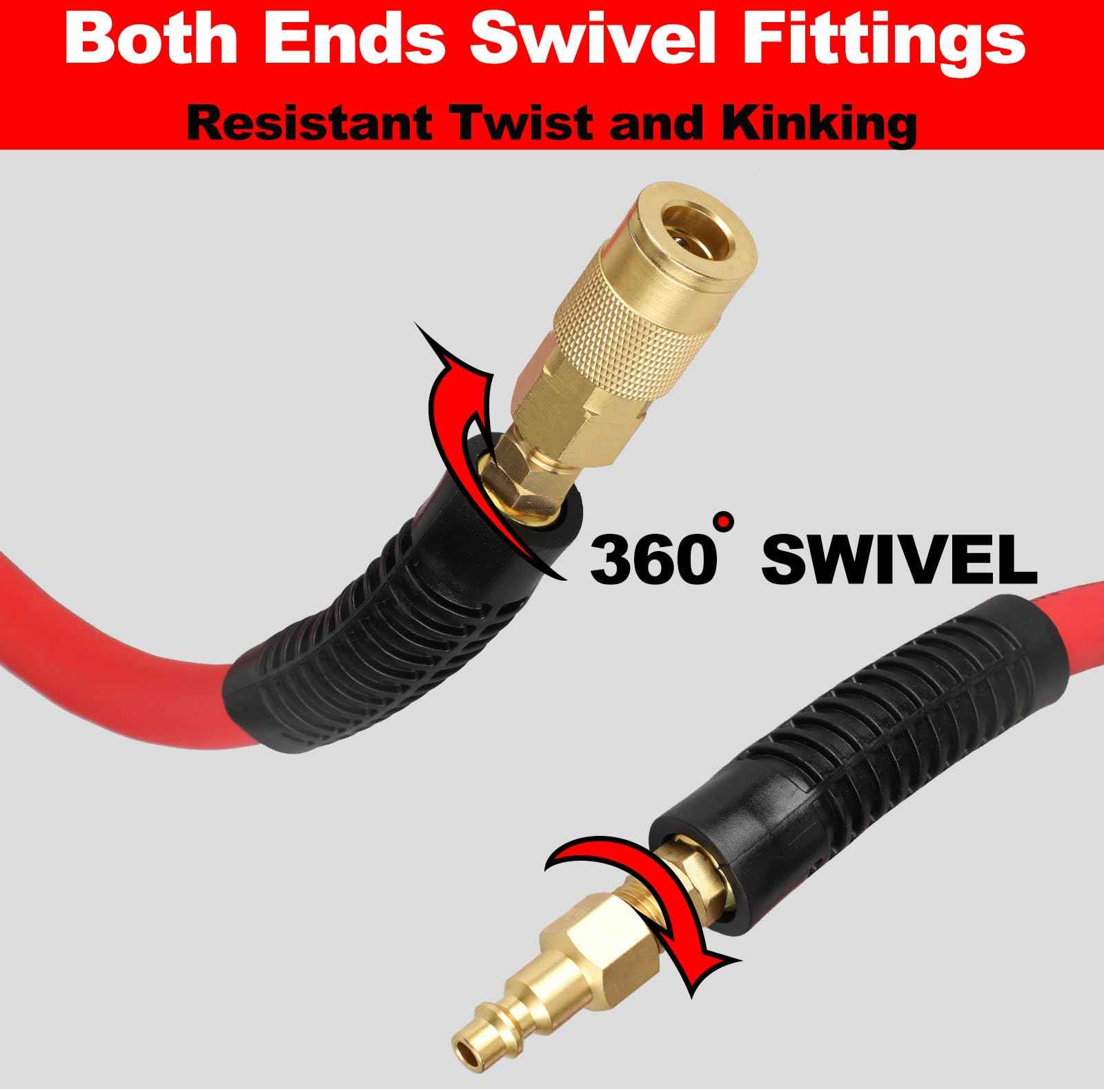 Keepro Hybrid Air Hose, Flexible 3/8 Inch ID x 10 Feet Long Lead-in Short Air Compressor Hose with Swivel Solid Brass 1/4" Industrail Quick Coupler and Plug, 300 PSI Maximum Pressure, Red