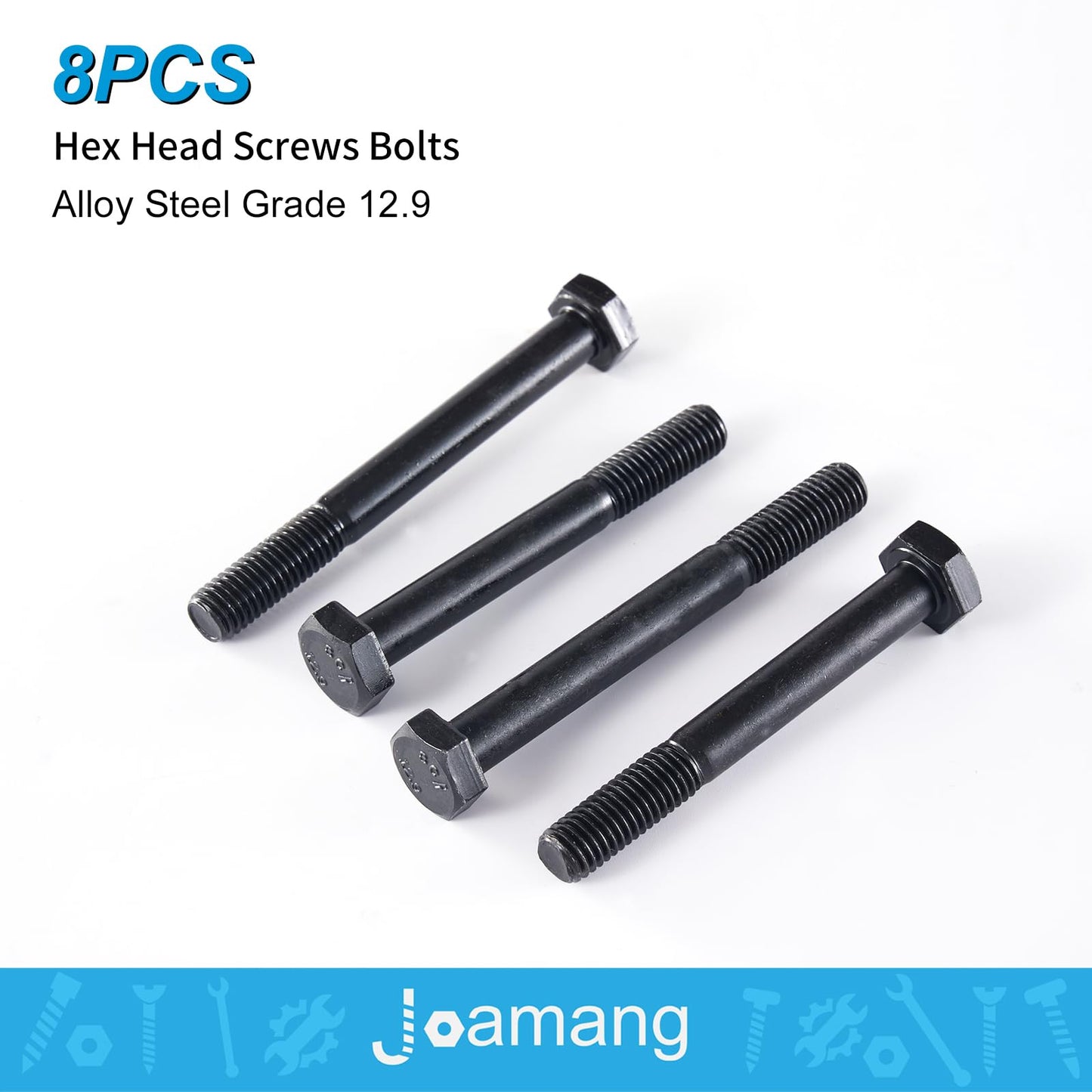 Joamang M8 x 100mm 8Pcs Hex Head Bolts, M8 x 1.25 Bolts, Hexagon Head Screws, 12.9 Grade Alloy Steel, Black Oxide Finish, Metric Machine Threaded, Half Thread