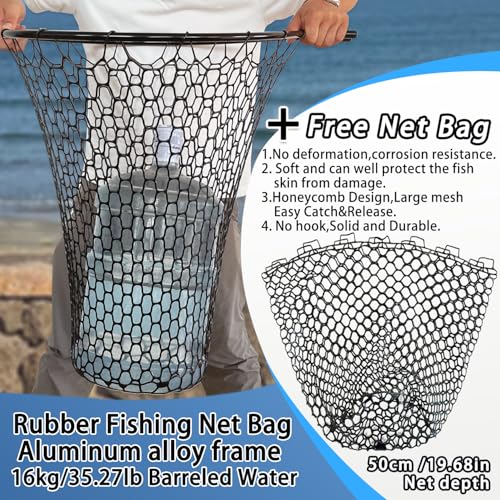 SEASPRO Black Telescoping Rubber Fishing Net with Handle & Extra Replacement Net, 59" Extendable Kayak & Saltwater Fishing Gear