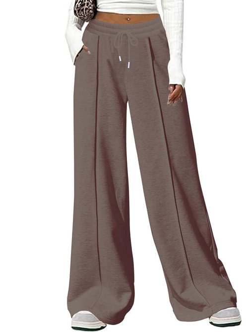 AUGCONE Women's Sweatpants Wide Leg Sweat Pants Straight Leg Baggy Fleece Lined Athletic with Pockets(Brown, L)