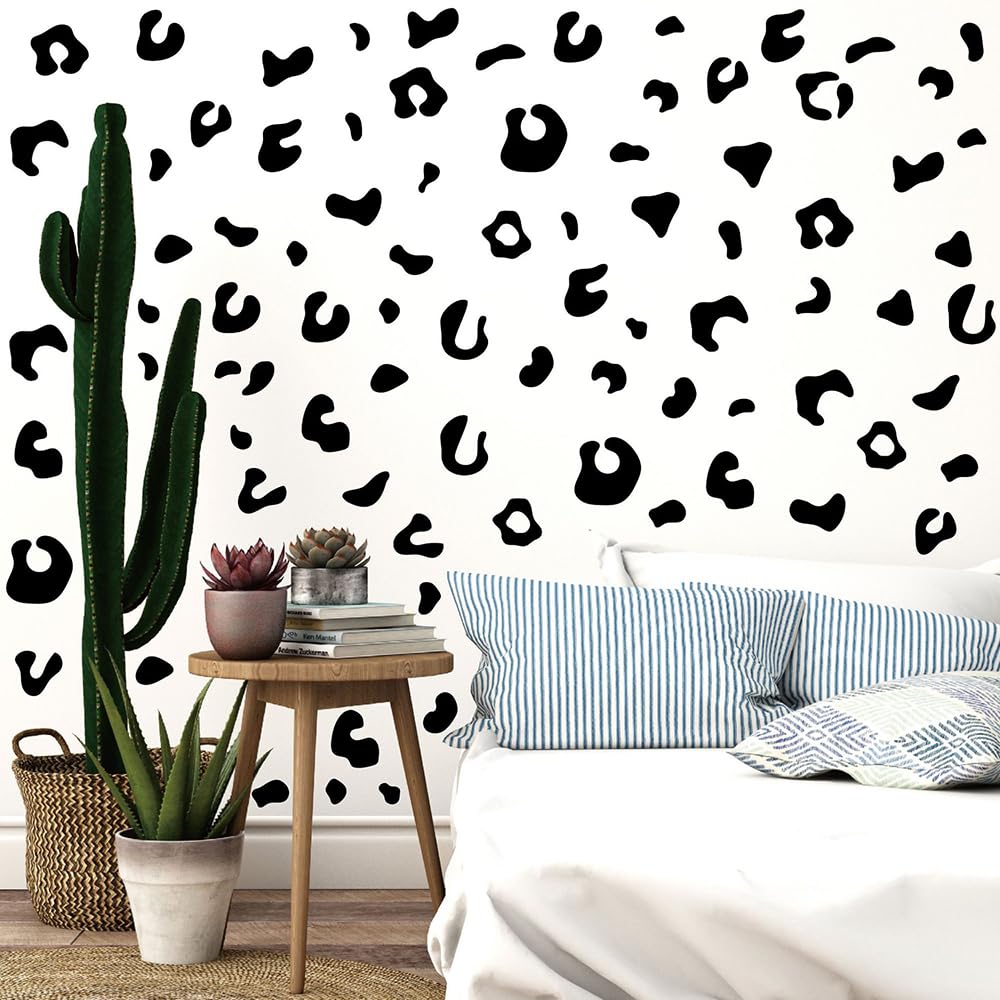Qaxrocyn 360 Pcs Self-Adhesive Black Leopard Print Wall Stickers - 10 Sheets Removable Waterproof Vinyl Wall Decals for Kids Room, Nursery, Playroom, Home, Office, Studio Decor (Black)