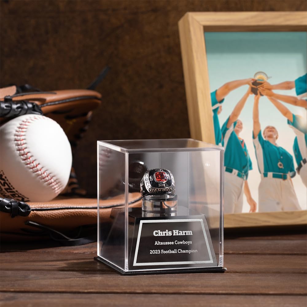 BYFDIY Custom Championship Ring Display Case Acrylic Baseball Ring Holder Personalized Name Rings Display Case for Football Softball Basketball Sport Size 3×3×3.5INCH