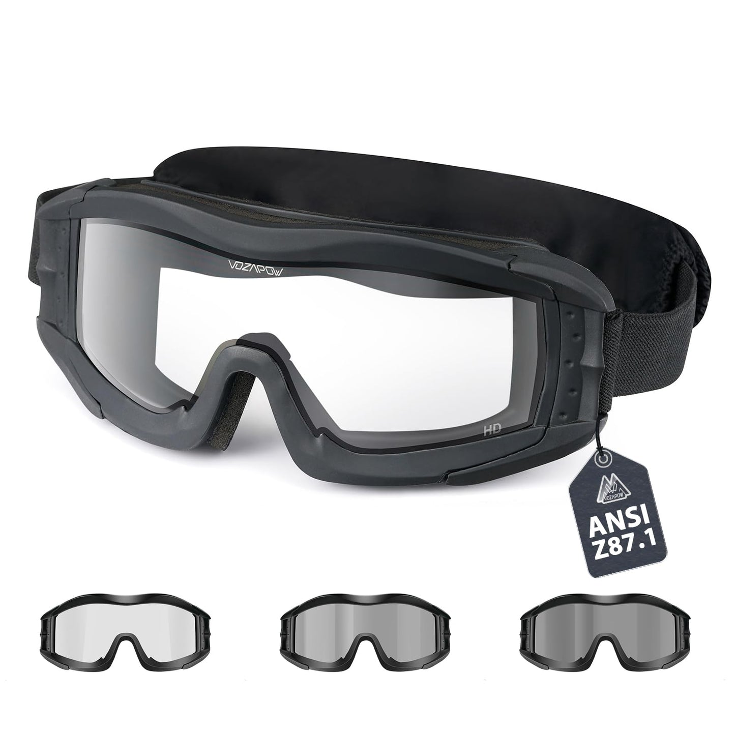 VOZAPOW Airsoft Goggles Anti Fog with ANSI Z87.1 Standards （3 Lenses, Gray, Red）