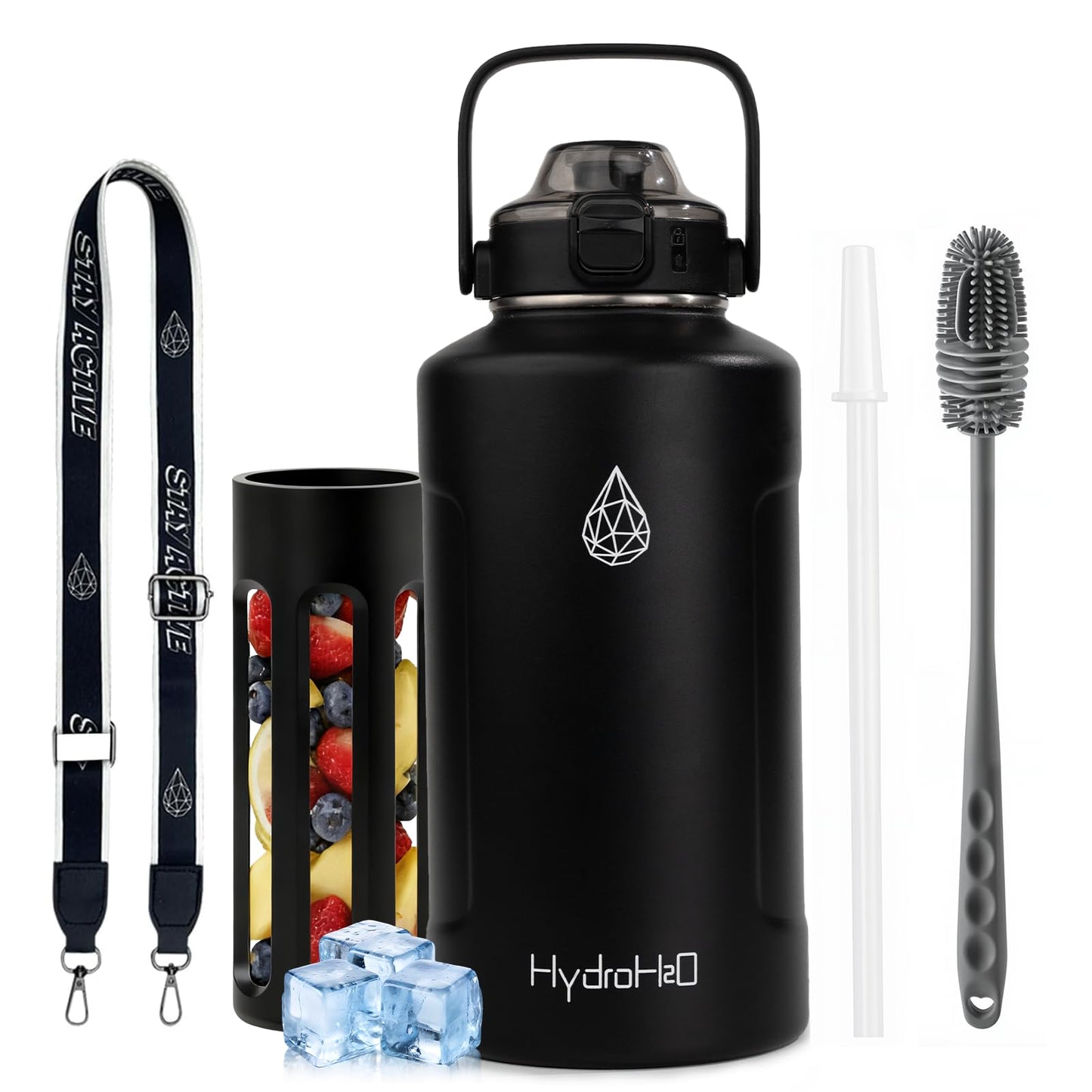 HYDRO H2O 64oz Half Gallon Fruit Infuser Insulated Stainless Steel Water Bottle Jug, 48H Cold & 24H Hot, Large Capacity for Travel Hiking Mountain Climbing Black