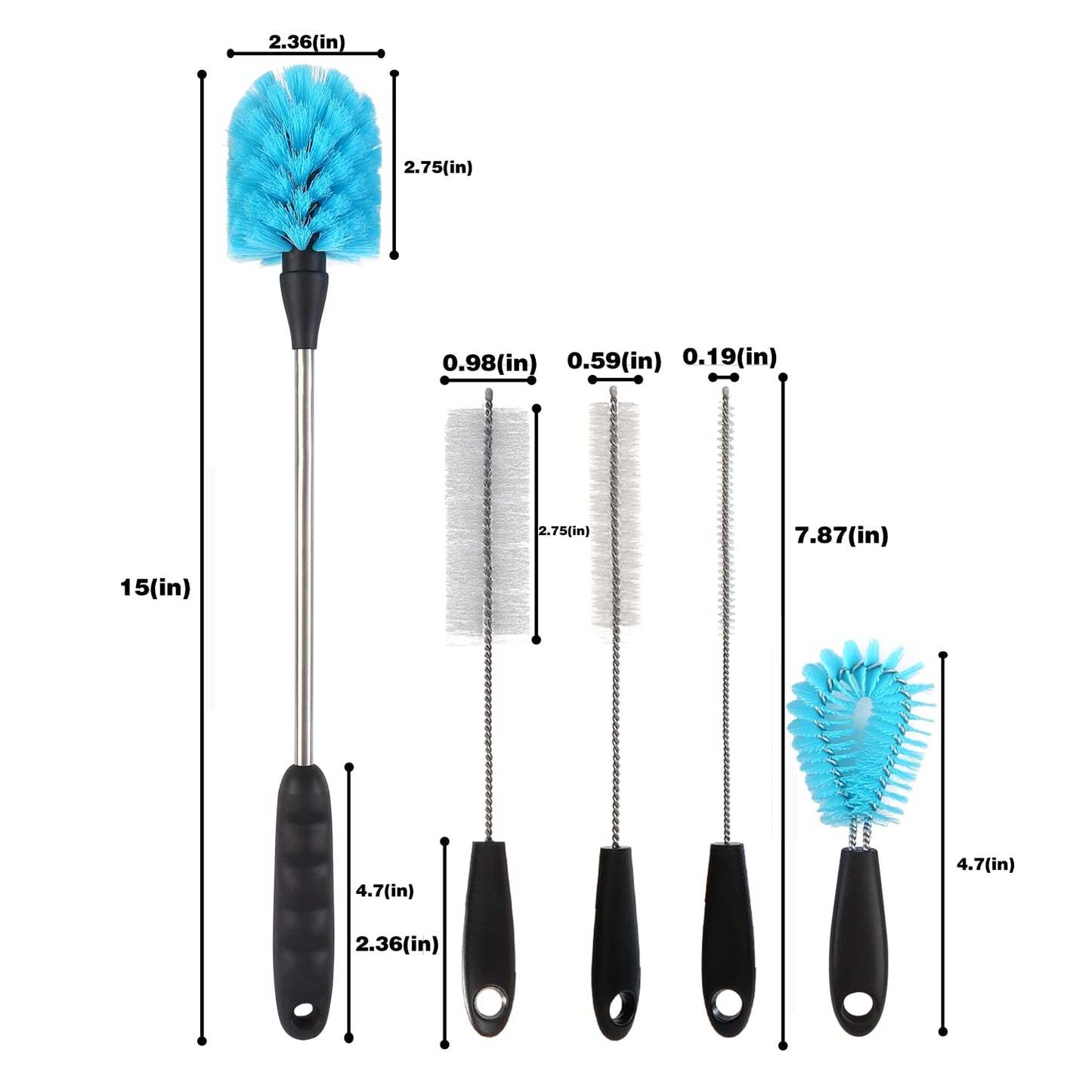5 Pcs Bottle Brush with Stainless Steel and Long Handle, Specialized for Sports Bottles, Baby Bottle, Cups, Coffee Mugs, Glasswares, Tumblers, Wine Decanters Cleaning