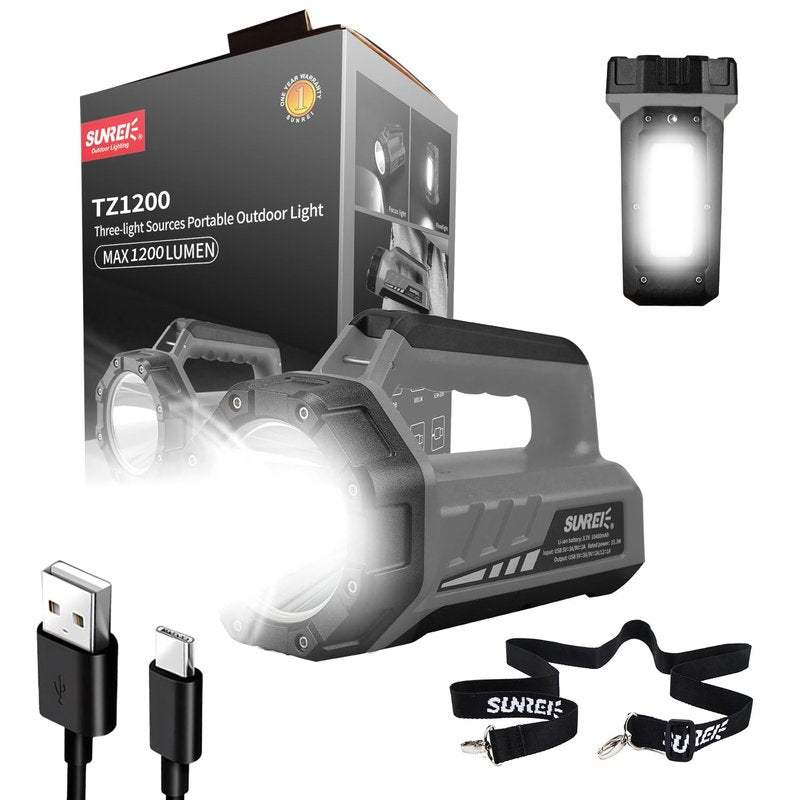 SUNREI Rechargeable LED 1500LM Spotlight, 8 Light Modes Portable Camping Flashlight, 24h Ultra-Long Standby, 10400mAh Power Bank, IP67 for Emergencies Power Outages, Hurricane Emergency, Hiking, Home