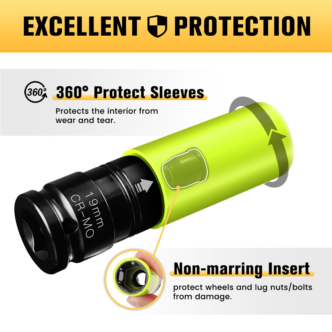 BOEN 19mm 1/2" Drive Wheel Protector Impact Socket, Non-Marring Lug Nut Thin Wall Deep Socket Set, Chrome-Molybdenum Steel, 6 Point, Color-Coded Protective Socket