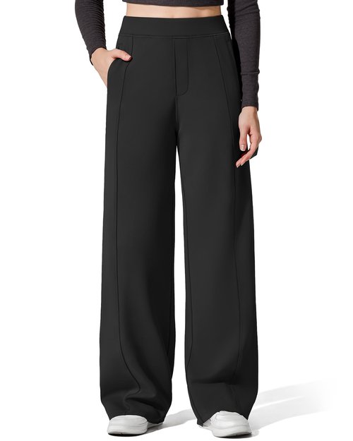 G4Free Fleece Lined Yoga Sweatpants for Women Elastic Waist Wide Leg Pants with Pockets Winter Thermal Work Trousers Dressy Casual Warm (Black,M,27")
