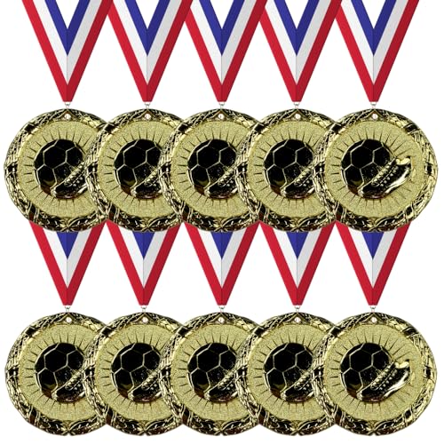 Gold Soccer Medals 2-inch Pack of 10 with Ribbons Award Trophies for Sports Recognition