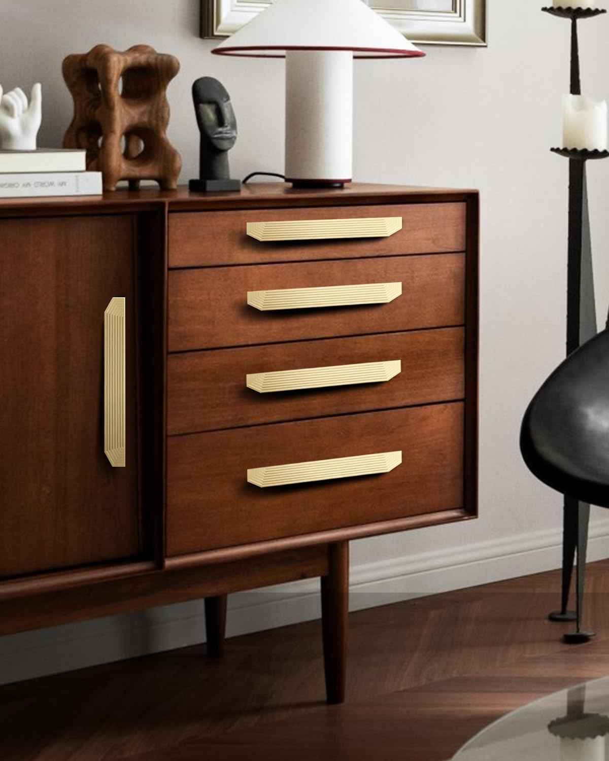 BaiNong Brass Cabinet pulls Brushed Drawer pulls Modern Gold Cabinet Cabinet Handles Drawer Handles for Dresser (2Pack-9.8inch Polygon)