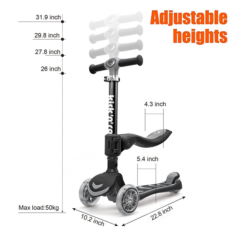 Kicknroll Toddler Scooter for Kids with Seat, Foldable Scooter with 3 LED Light up Wheels and 4 Adjustable Height, Lean to Steer, Extra Wide Deck, 110 Lbs Capacity