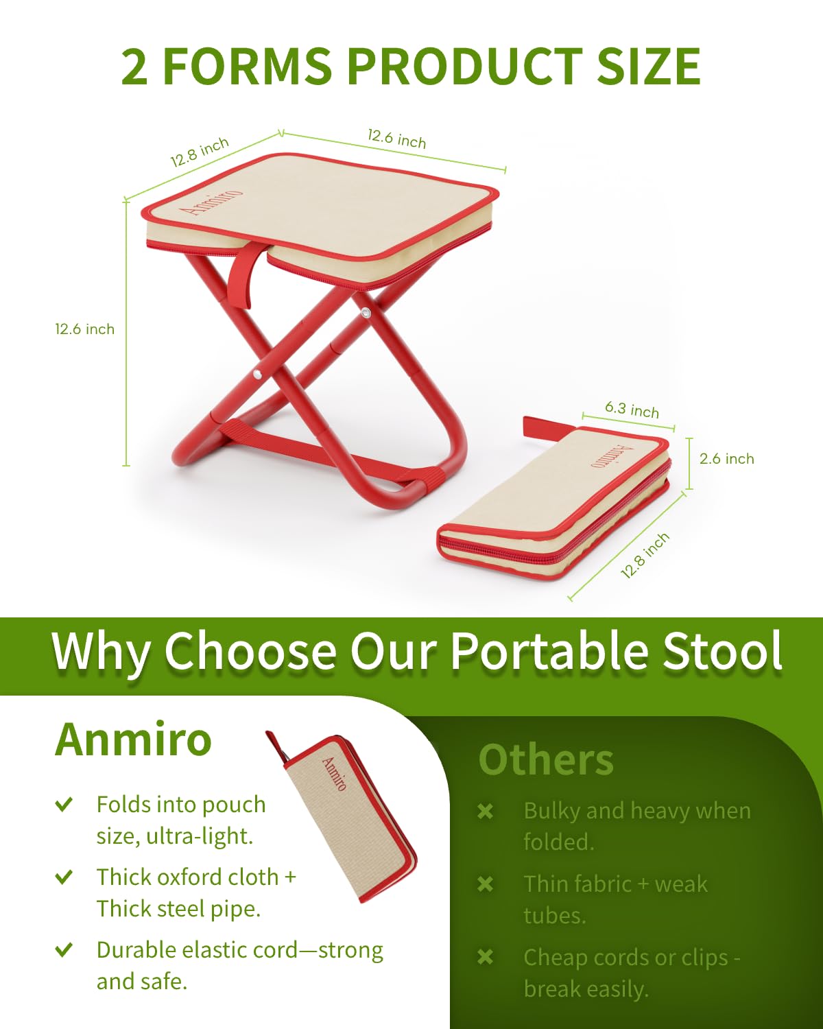 Anmiro Portable Folding Camping Stool, 12.6 Inch Lightweight Mountaineering Hiking Stool, Outdoor Beach Fishing Garden Foldable Stool with Carry Bag, Supports Up to 200LB