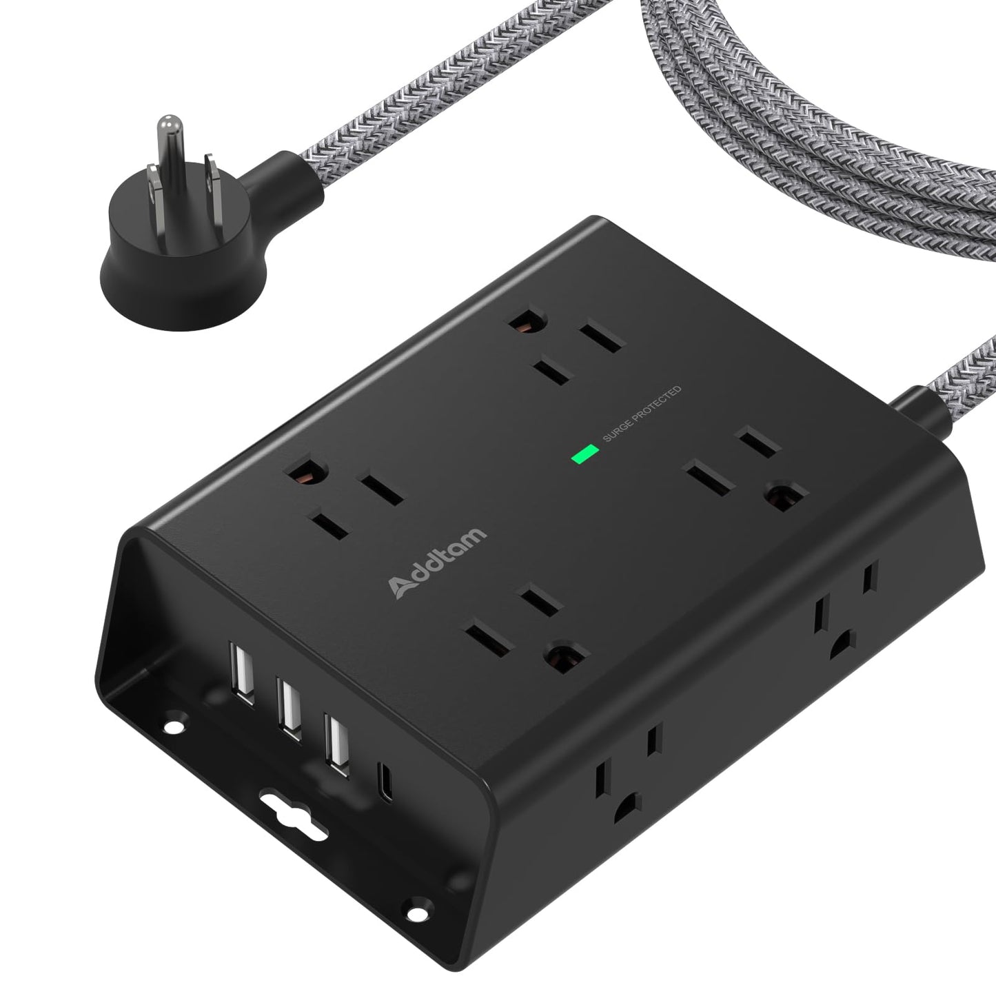 Surge Protector Power Strip, 8 Widely Outlets with 4 USB Ports(1 USB C Outlet), Addtam 3-Side Outlet Extender Strip with 5Ft Extension Cord, Flat Plug, Wall Mount for Dorm Home Office, Black