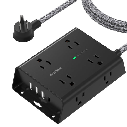 Surge Protector Power Strip, 8 Widely Outlets with 4 USB Ports(1 USB C Outlet), Addtam 3-Side Outlet Extender Strip with 5Ft Extension Cord, Flat Plug, Wall Mount for Dorm Home Office, Black