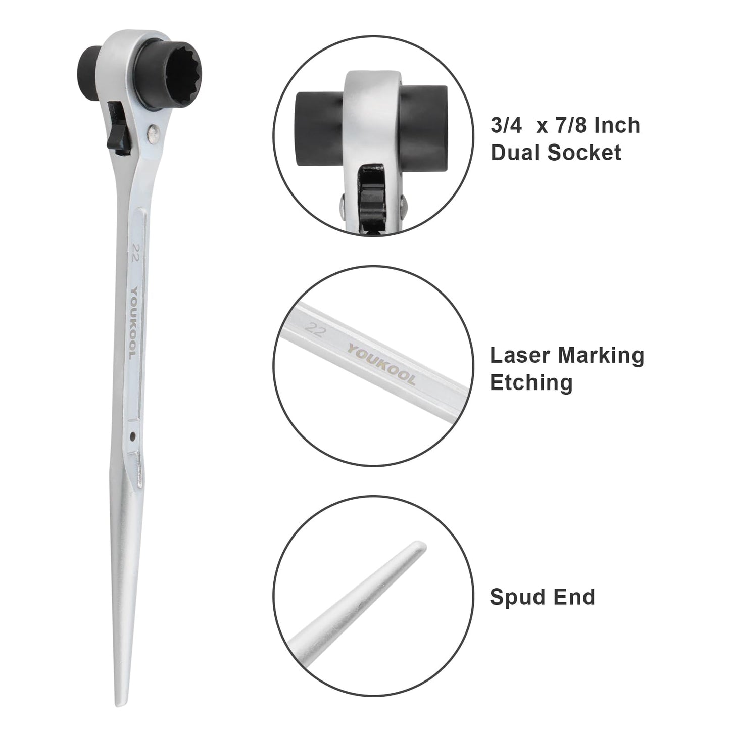 YOUKOOL 19mm x 22mm OR 3/4"×7/8" Ratcheting Scaffold Podger & Spud Wrench – 12-Point Double Ended Socket, Heavy-Duty Cr-V Steel Scaffold Tool,Silver