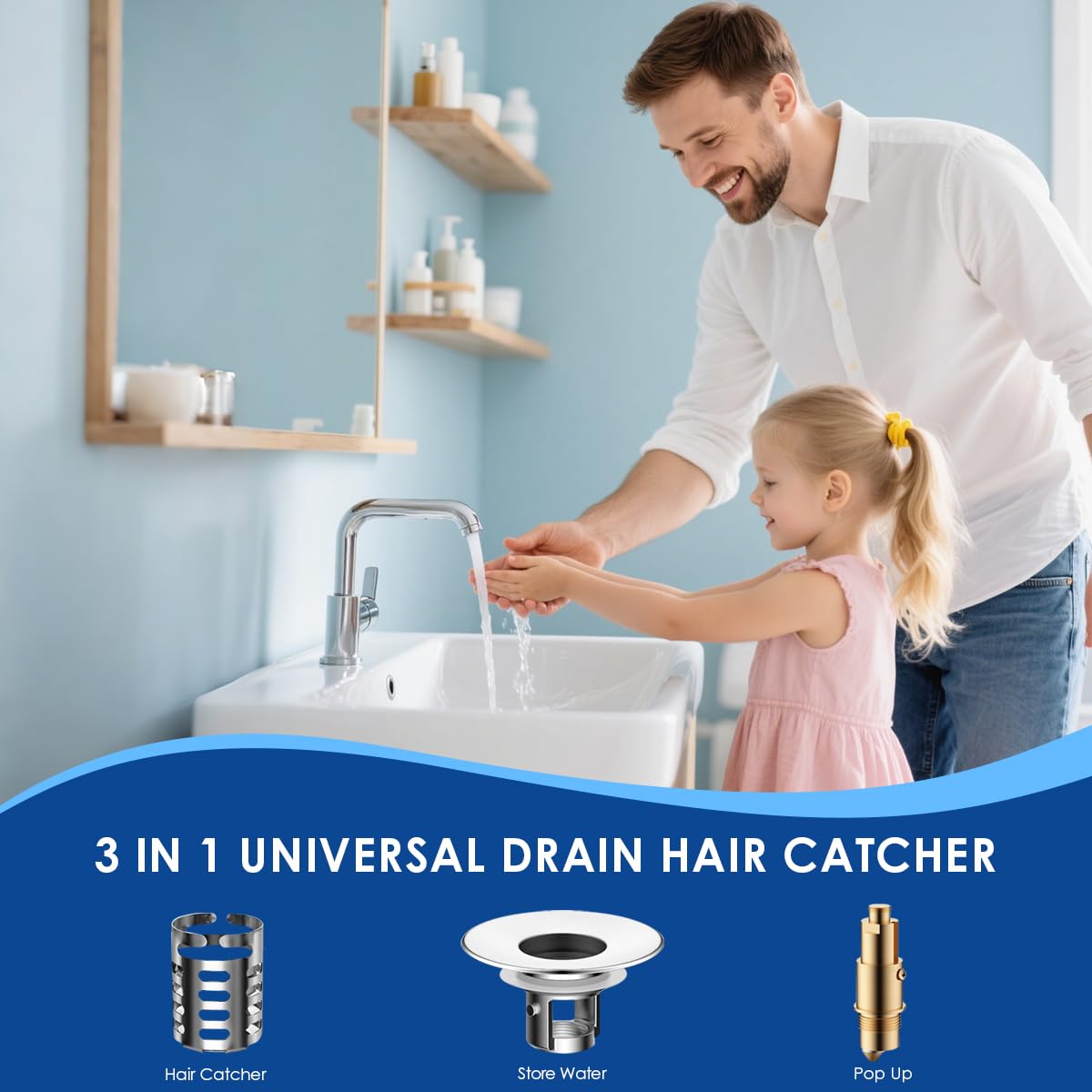 3 in1 Bathroom Sink Drain Strainer & Bathroom Sink Stopper,Pop Up Sink Stopper with Removable Stainless Steel Filter Basket Hair Catcher,Universal Sink Plug Fits 1.1"-2.36" Drain Holes