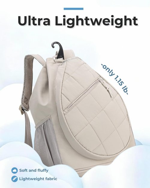 ecosmile Drawstring Tennis Backpack, Puffer Tennis Racket Bag with Shoe Compartment & Wet Pocket Gym Bag for Women, Suitable for Pickleball Tennis Badminton (Camel)