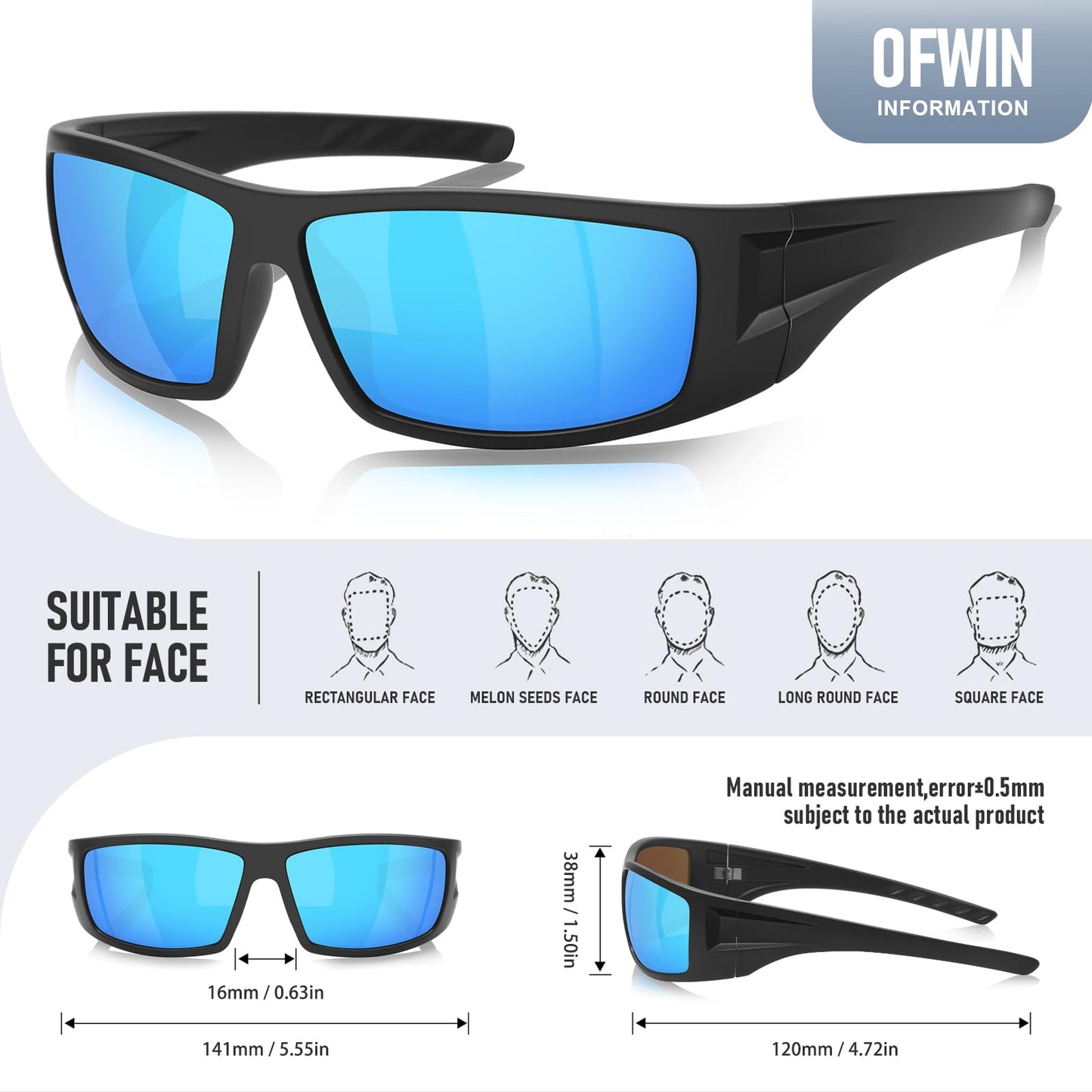 Ofwin Polarized Sports Sunglasses for Men Women Unbreakable Frame Cycling Fishing Wrap Around Sunglasses UV400 Protection