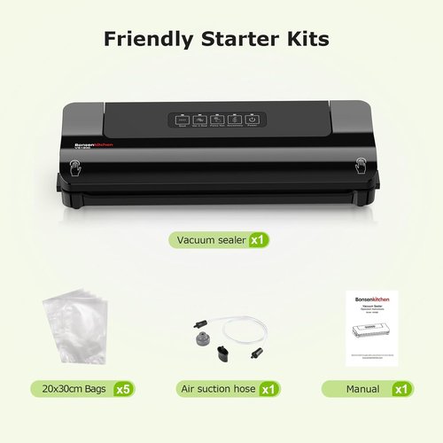 Bonsenkitchen Vacuum Sealer - Multi-Functional Food Preservation System with 5 Bags | Compact Design, Black