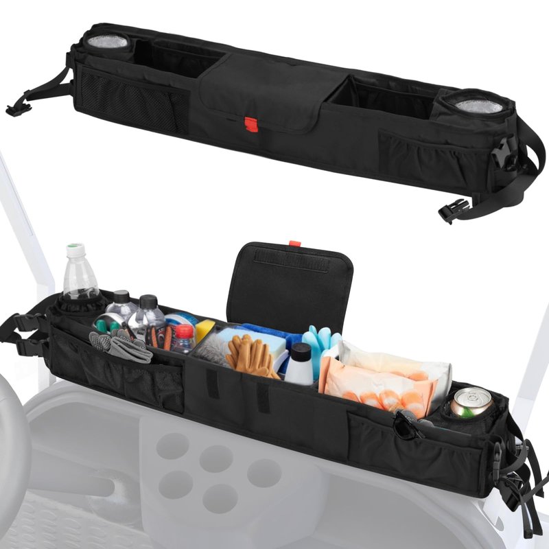 smotrcc Golf Cart Front Storage Basket with Insulated Cup Holders, No-Drill Dash Tray Organizer Compatible with EZGO, Club Car, Kandi Electric Golf Carts, Golf Cart Storage Accessories