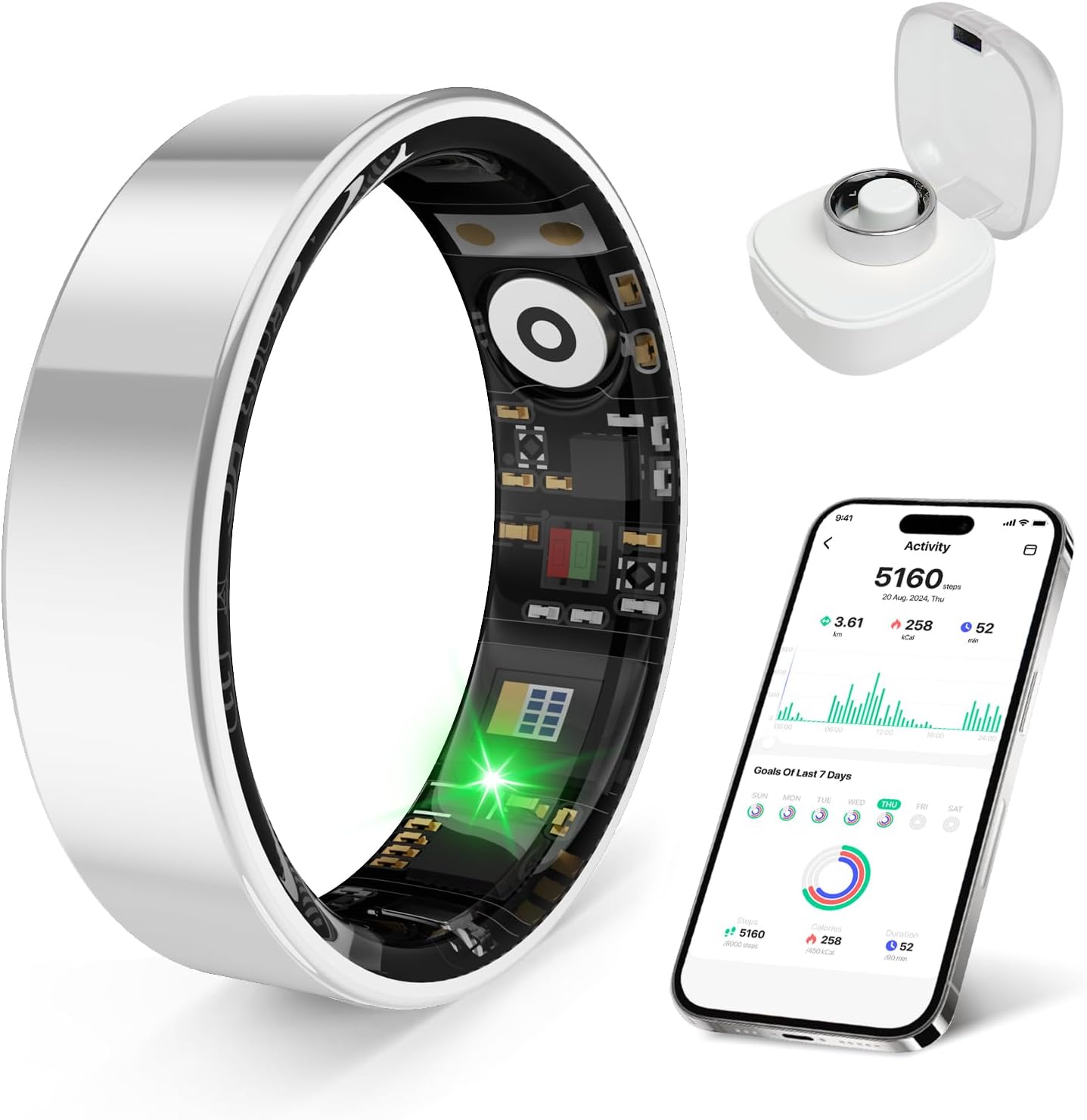 Smart Health Ring - Waterproof Fitness Tracker with Stress & Sleep Monitoring | Compatible with iOS & Android (Silver, Size 11)