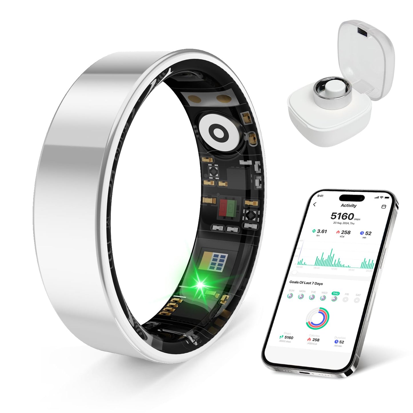 prxxhri Smart Health Ring, Featuring Stress and Sleep Monitoring Functions, Compatible with iOS and Android,Waterproof Fitness Tracker for Women & Men, No Subscription Fee. (Silver, 9)