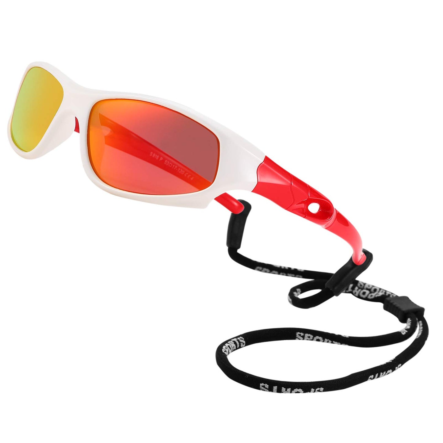 COASION Kids Sports Polarized Sunglasses with Strap 2 Pack Mirrored Glasses Shades for Boys Girls Age 4-12 (Black/Green Mirror+White-Red/Orange Mirror)