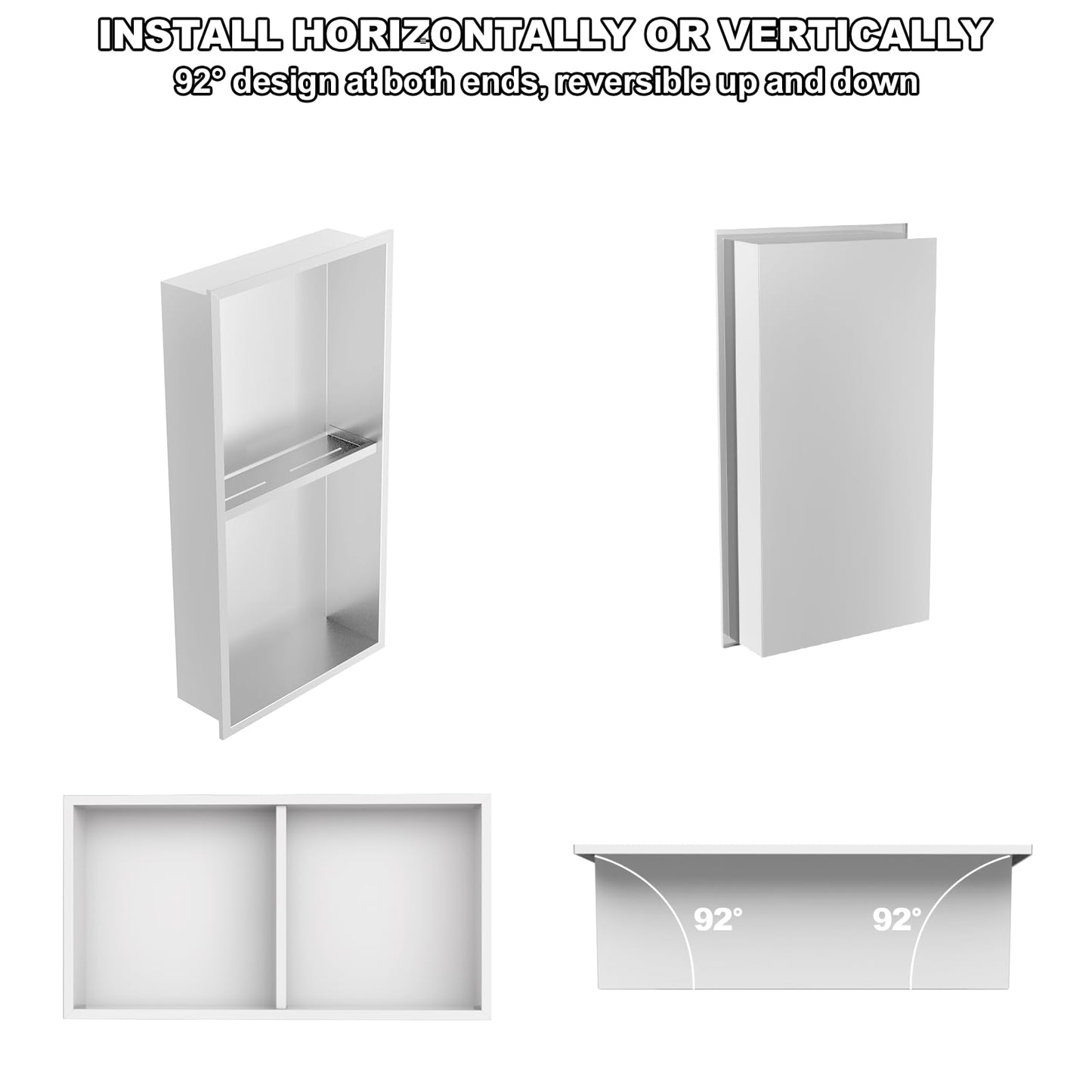 Real 304 Stainless Steel Shower Niche 12x24in-92° Quick Drain-No Tile Needed-2 Tier-Matte Recessed Wall Niche-Insert Shower Shelf-Built in Cabinet for Bathroom/Kitchen/Living Room/Study Storage