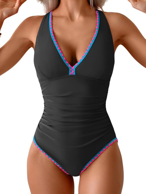 B2prity One Piece Swimsuit - Tummy Control Ruched Bathing Suit with Push-Up Design | Stylish Shell Stitched