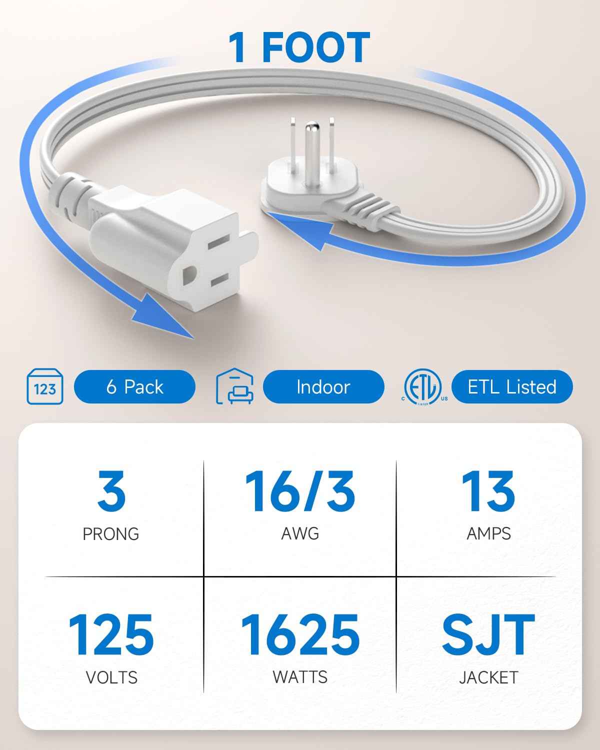 Flat Plug 1Ft Short Extension Cord, White 90-Degree Plug Low Profile Power Adapter, 3-Prong Indoor Grounded Small Extension Cord 16AWG 13A 1625W 6 Pack