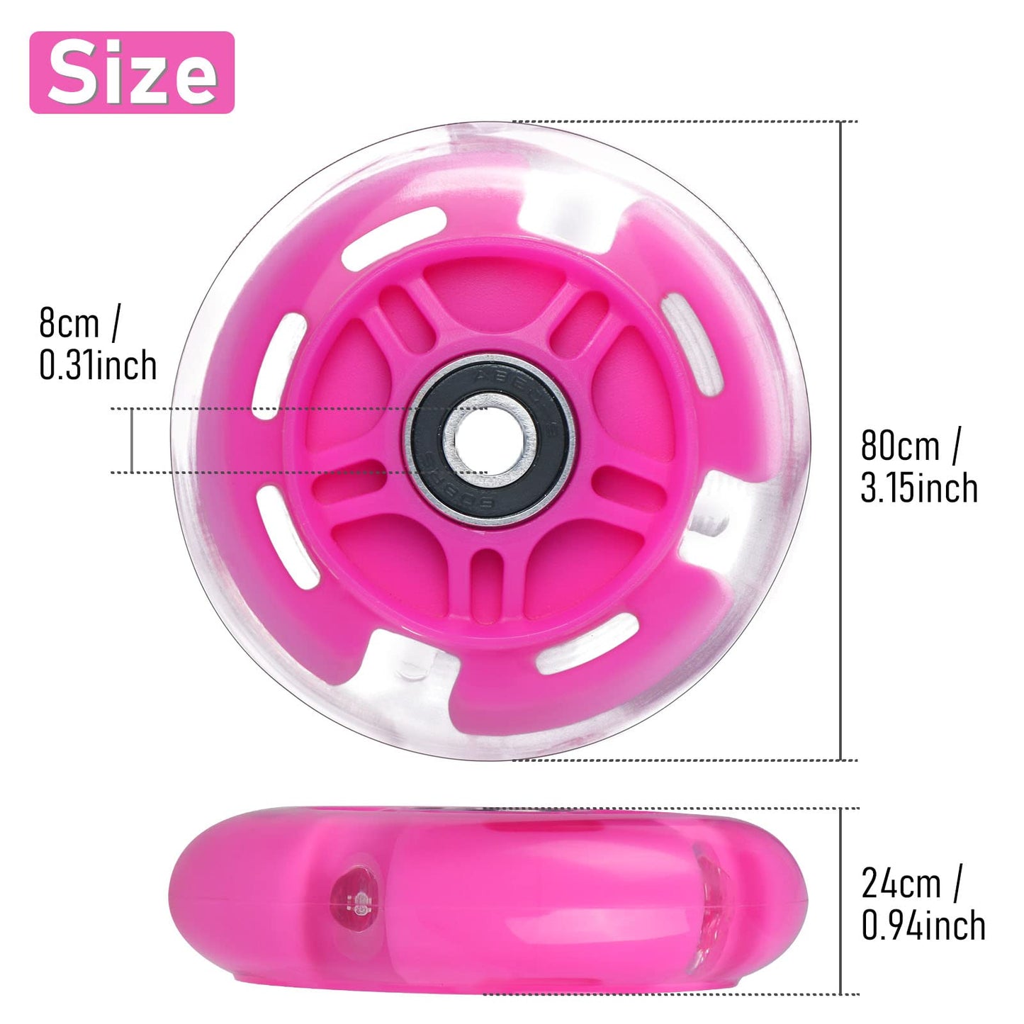 WHEELGOO 2-Pack Rear 80mm Colorful Flashing 3-Wheeled Kid Scooter Replacement Wheels for Kid Push Kick Scooter (Pink)