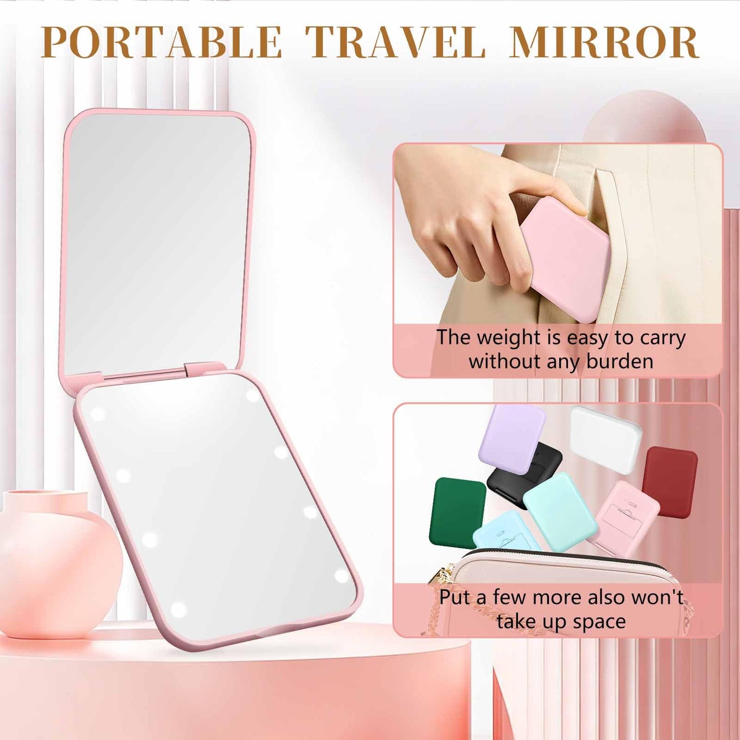 Kakuje Compact Mirror, 1X/3X Magnification LED Pocket Mirror with Nternal BIattery, Mini Mirror for Purse, Pocket,Travel and Present (Pink)