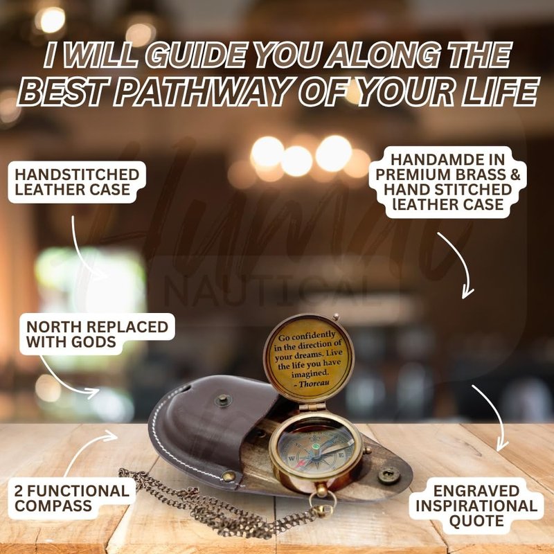 Thoreau's Go Confidently Engraved Graduation Gift for him, Camping Compass with Leather Pouch Boating Hiking Religious Gifts, Missionary Gifts Keepsake. Confirmation Gift Direction Compass